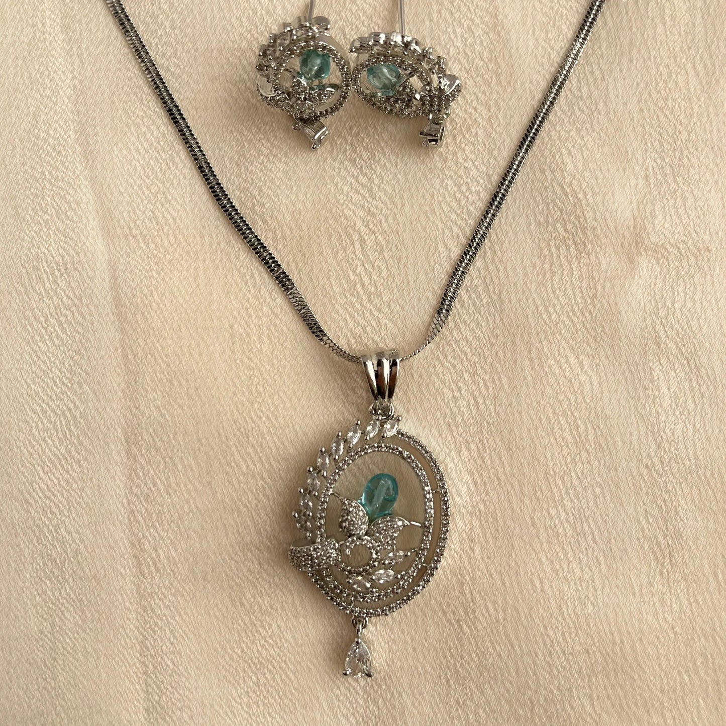 Aqua Stone CZ Pendant Set With Chain 10001