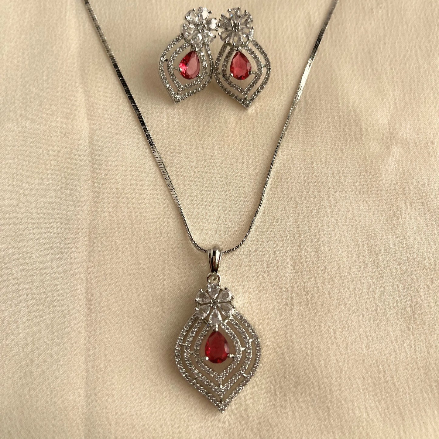 Red Stone CZ Pendant Set With Chain 10003