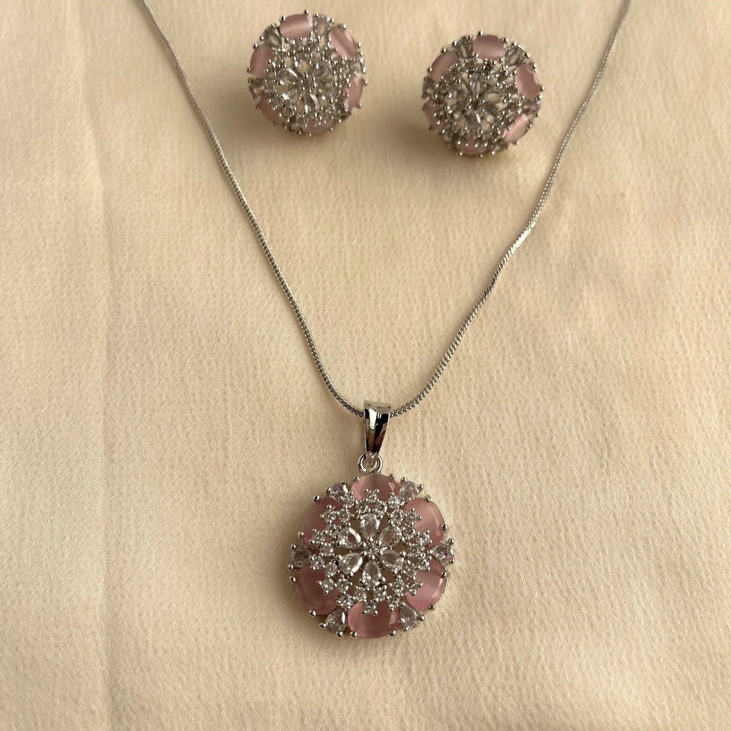 Pink Stone CZ Pendant Set With Chain 10004