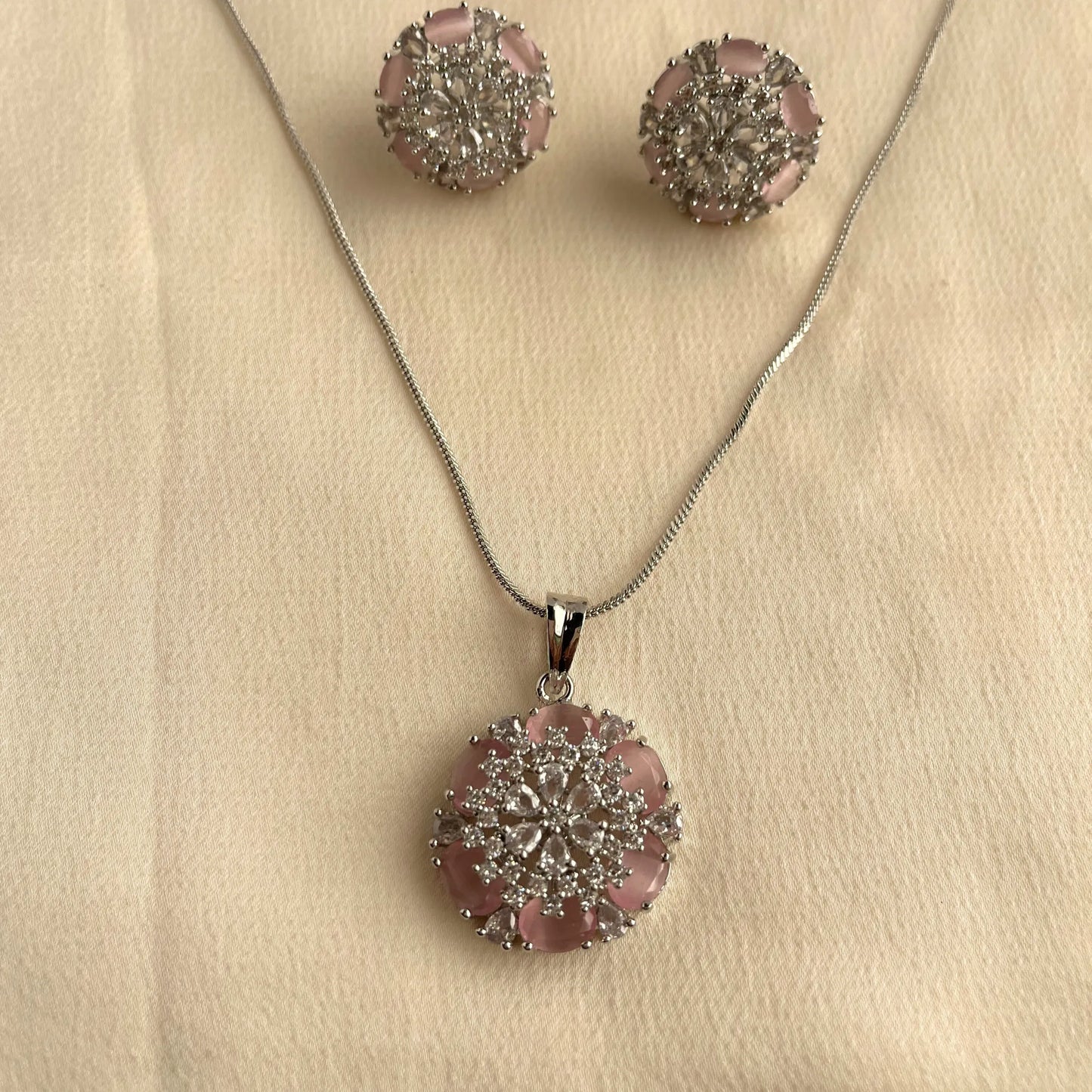 Pink Stone CZ Pendant Set With Chain 10004