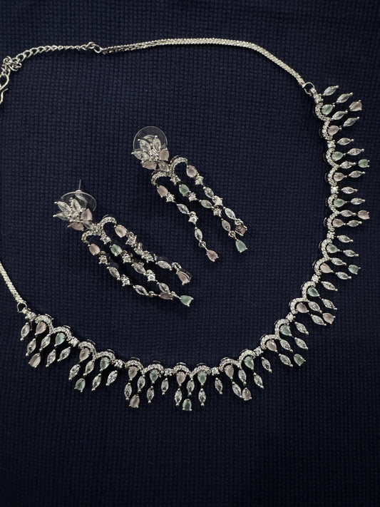 Cubic Zirconia Silver Plated Necklace Set 10005 - Jewelit