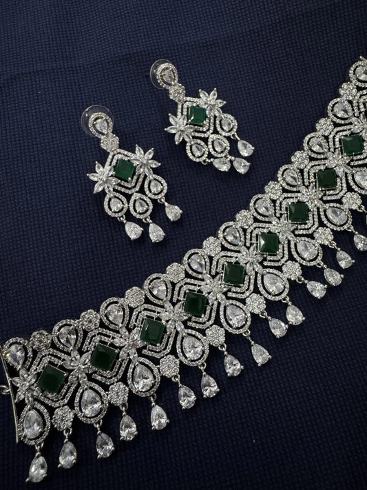 Cubic Zirconia Silver Plated Necklace Set 10013 - Jewelit