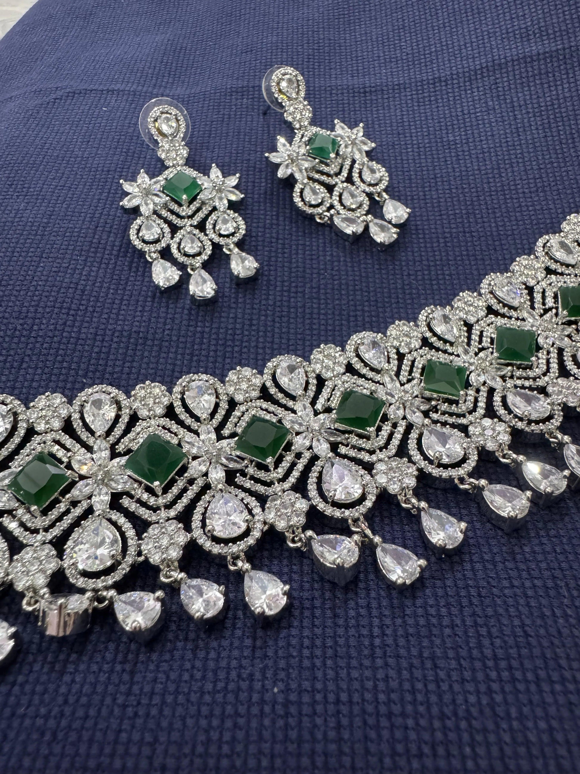 Cubic Zirconia Silver Plated Necklace Set 10013 - Jewelit