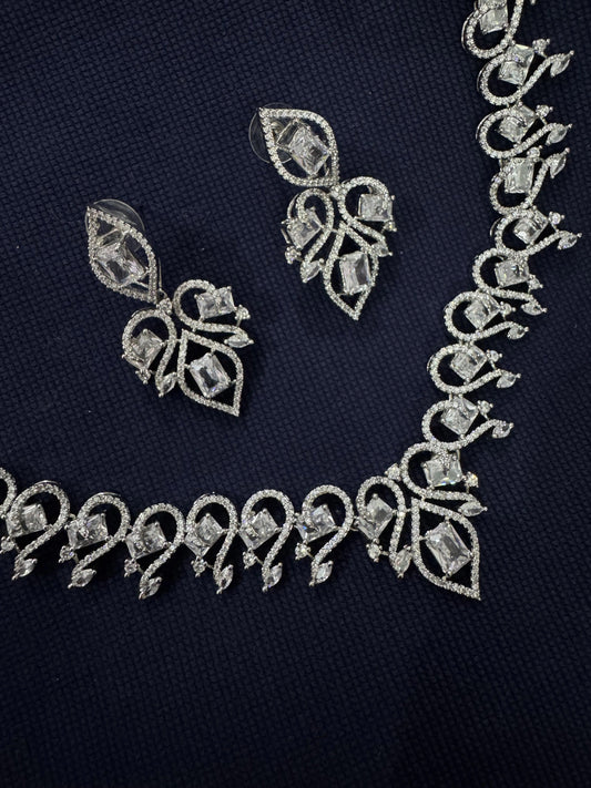 Cubic Zirconia Silver Plated Necklace Set 10018 - Jewelit