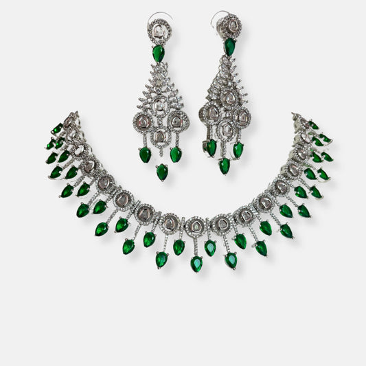 Classic Emerald Waterfall Cubic Zirconia Necklace Set With Danglers