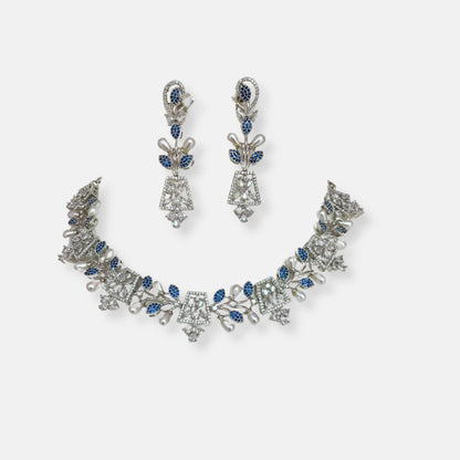 Sapphire Cubic Zirconia Necklace Set With Oblong Pearls