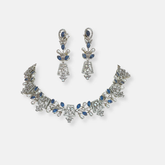 Sapphire Cubic Zirconia Necklace Set With Oblong Pearls
