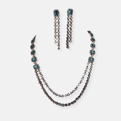 Jewelit Double Layered Aqua Necklace Set in Black Polish And Rose Gold