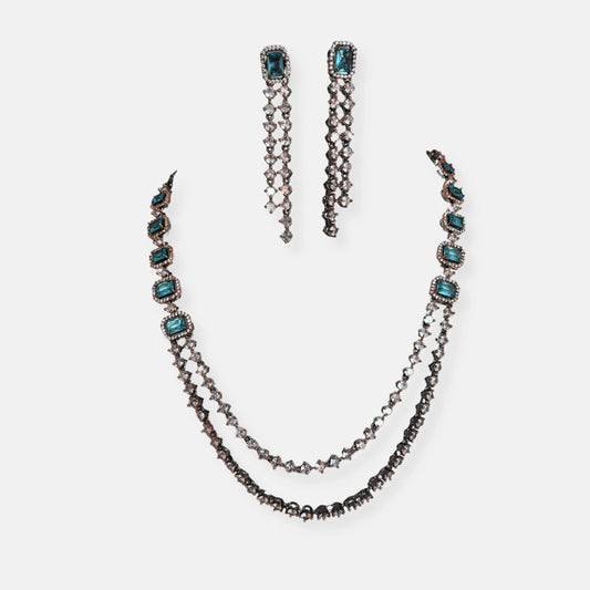 Jewelit Double Layered Aqua Necklace Set in Black Polish And Rose Gold