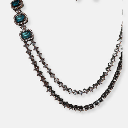 Jewelit Double Layered Aqua Necklace Set in Black Polish And Rose Gold