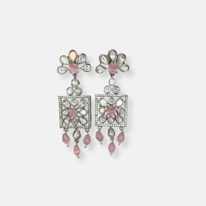 Jewelit Pink Beaded Kundan CZ Necklace Set With Earrings