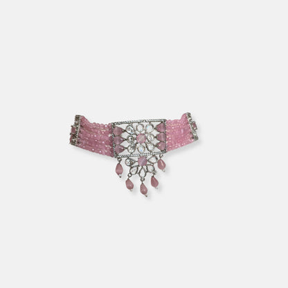 Jewelit Pink Beaded Kundan CZ Necklace Set With Earrings