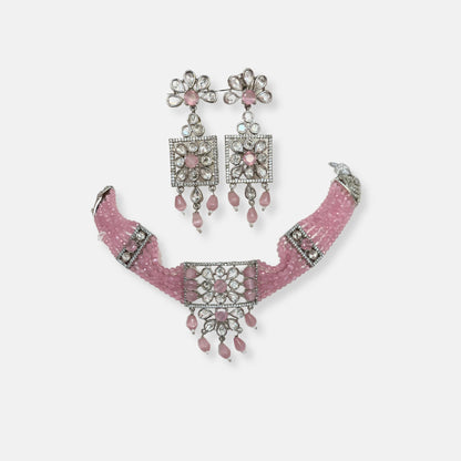 Jewelit Pink Beaded Kundan CZ Necklace Set With Earrings