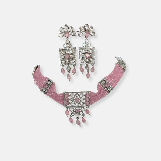 Jewelit Pink Beaded Kundan CZ Necklace Set With Earrings