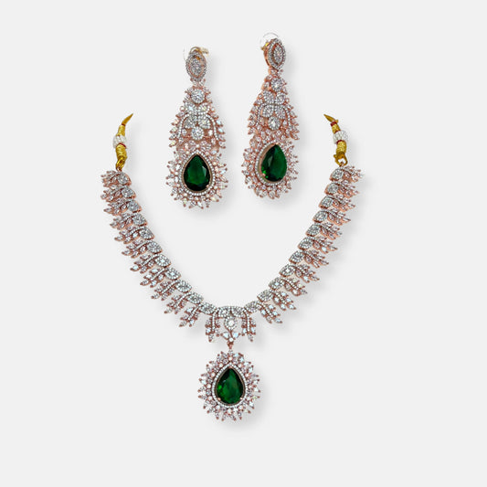 Jewelit Emerald Rose Gold Cubic Zirconia Necklace Set With Danglers