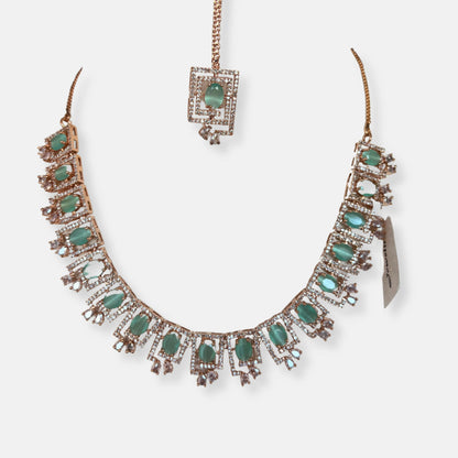 Jewelit Rose Gold Mint Necklace Set With Dainty Maangtika