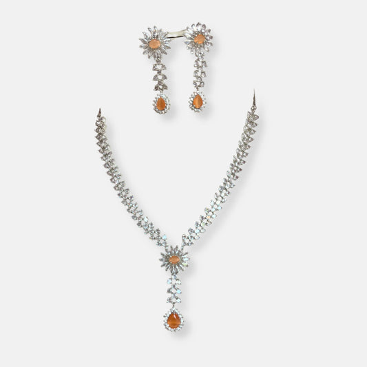 Jewelit Peach Stone Cubic Zirconia Necklace Set With Earrings