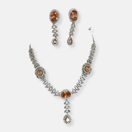 Jewelit Cubic Zirconia Peach Stone Tear Drop Necklace Set