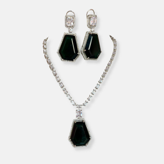 Jewelit Big Emerald Statement CZ Necklace Set With Earrings