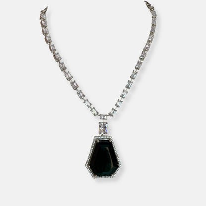 Jewelit Big Emerald Statement CZ Necklace Set With Earrings