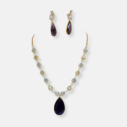 Jewelit Purple Sapphire and White Cubic Zirconia Studded Tear Drop Statement Necklace Set