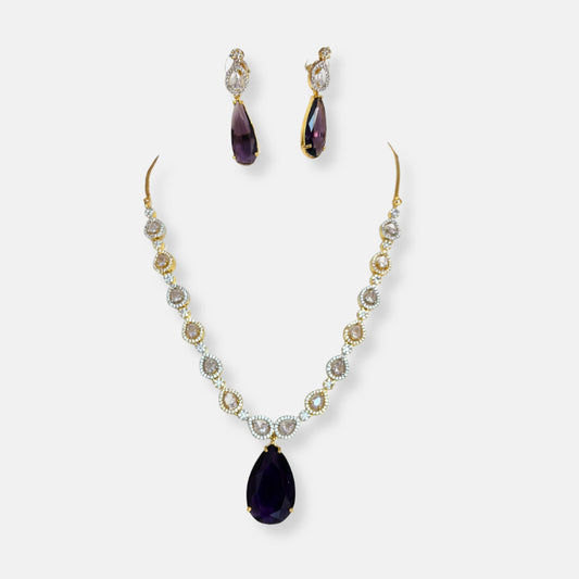 Jewelit Purple Sapphire and White Cubic Zirconia Studded Tear Drop Statement Necklace Set