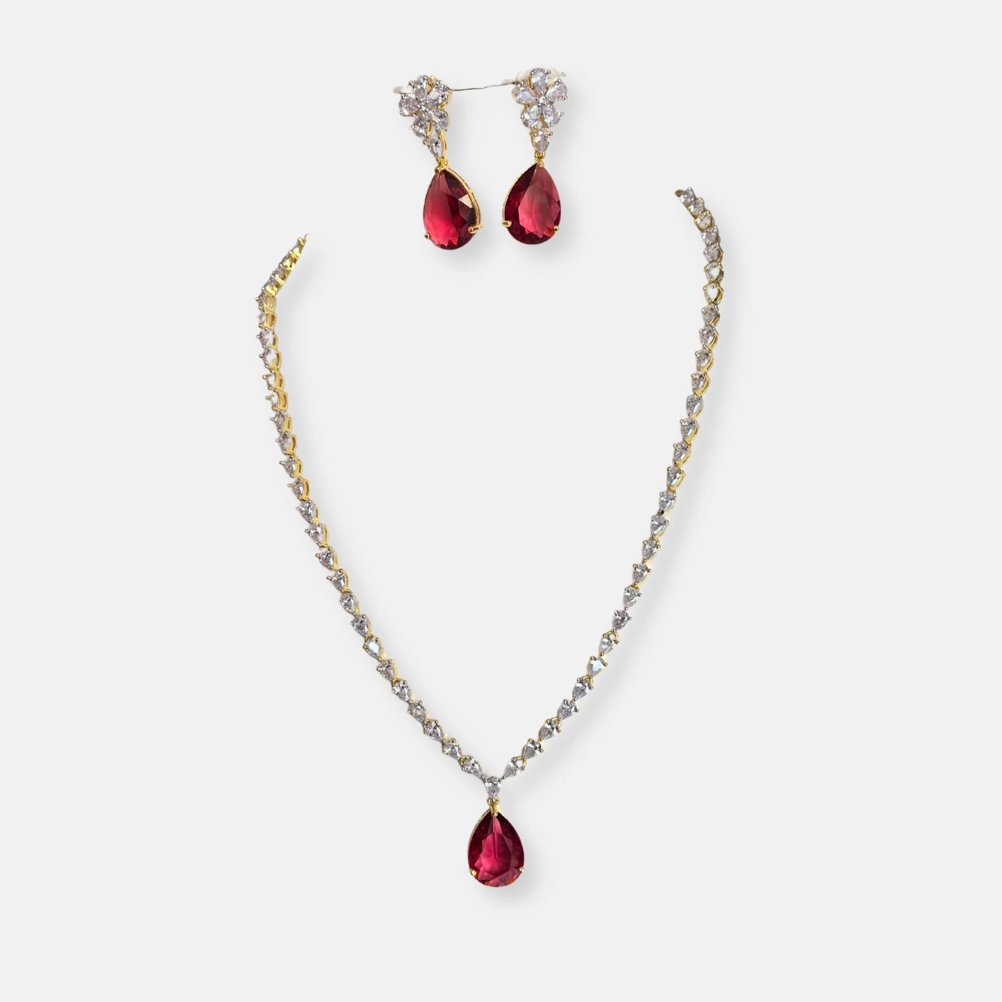 Jewelit Faux Ruby and White Cubic Zirconia Studded Tear Drop Statement Necklace Set