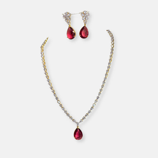 Jewelit Faux Ruby and White Cubic Zirconia Studded Tear Drop Statement Necklace Set