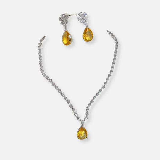 Jewelit Citrine and White Cubic Zirconia Studded Tear Drop Statement Necklace Set