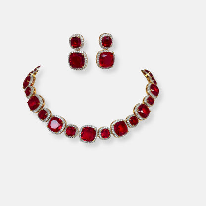Jewelit Faux Ruby Cubic Zirconia Necklace Set Gold Polish With Earrings