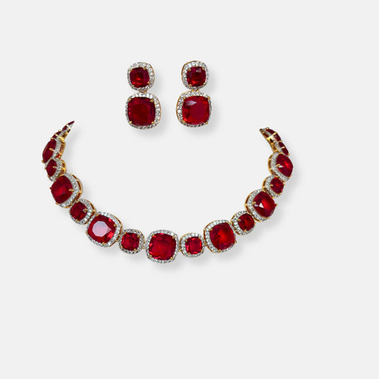 Jewelit Faux Ruby Cubic Zirconia Necklace Set Gold Polish With Earrings