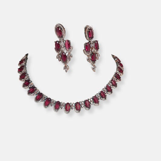 Jewelit Faux Ruby Studded Black Rose Cubic Zirconia Necklace Set