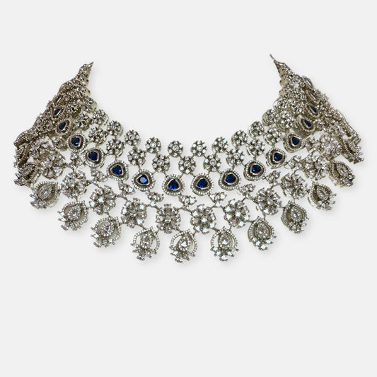 Jewelit Cubic Zirconia Sapphire Choker Necklace Set With Danglers