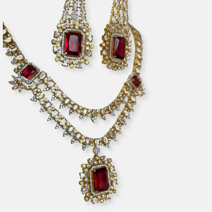 Jewelit Double Layered Ruby Stone Gold Plated Necklace Set With Earrings