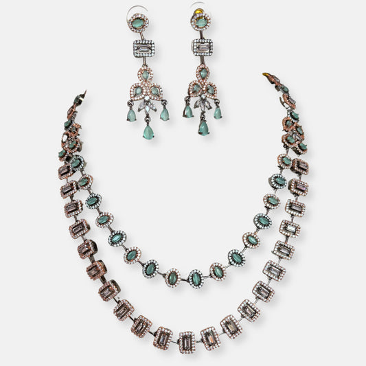 Jewelit Double Layered Aqua Purple Black Polish Necklace Set