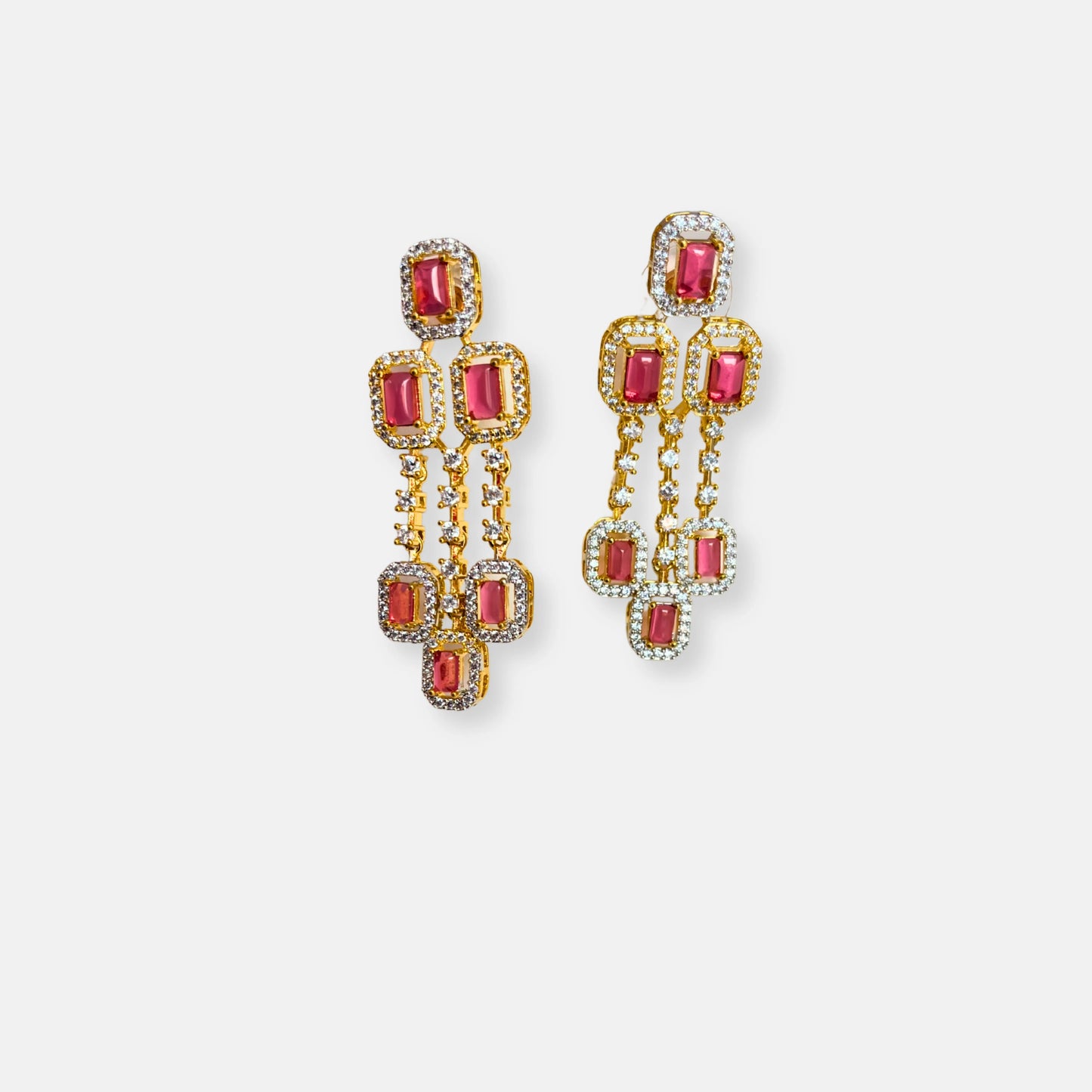 Cubic Zirconia Triple Layered Ruby Gold Plated Necklace Set
