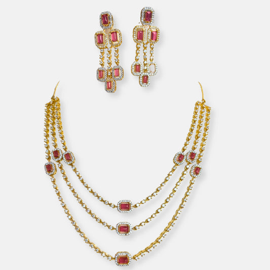 Cubic Zirconia Triple Layered Ruby Gold Plated Necklace Set