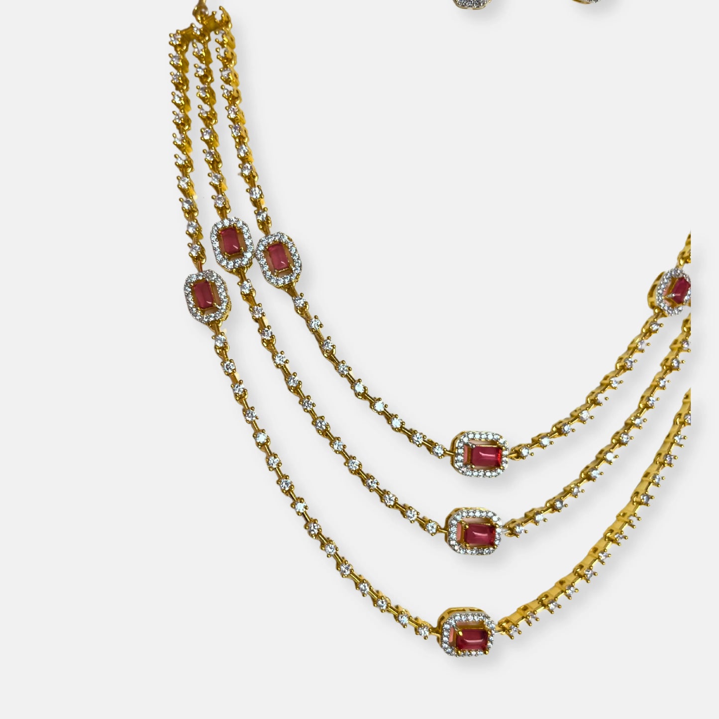 Cubic Zirconia Triple Layered Ruby Gold Plated Necklace Set