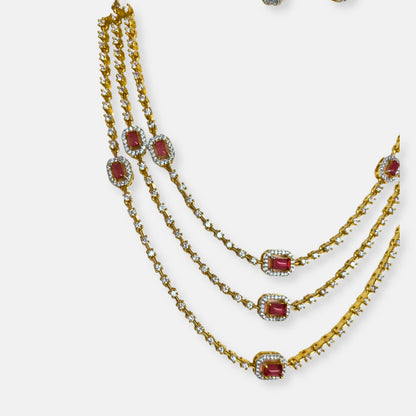 Cubic Zirconia Triple Layered Ruby Gold Plated Necklace Set
