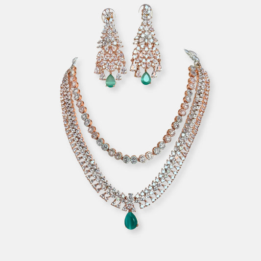 Double Layered Mint Stone Rose Gold Plated Cubic Zirconia Necklace Set