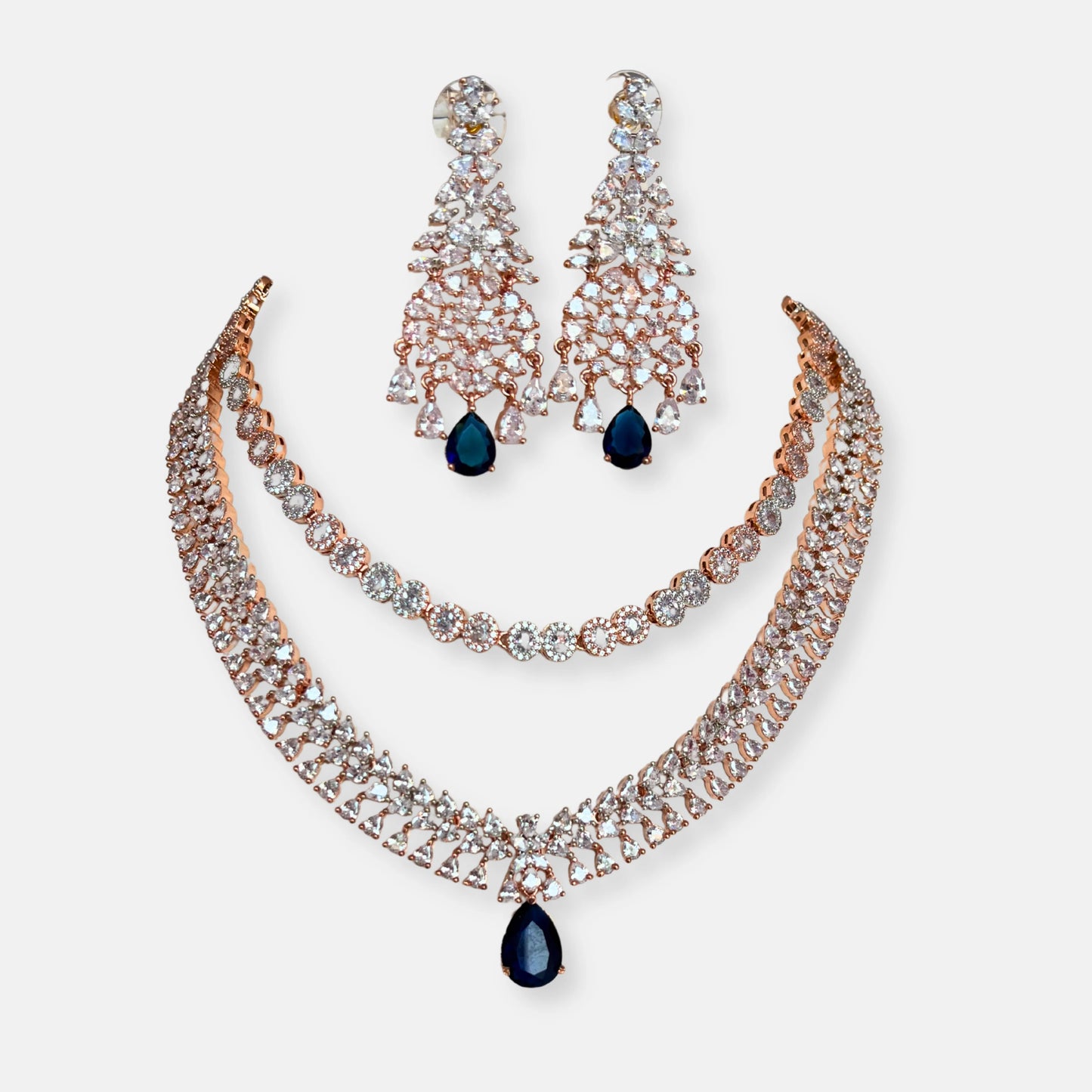 Double Layered Sapphire Rose Gold Plated Cubic Zirconia Necklace Set With Danglers