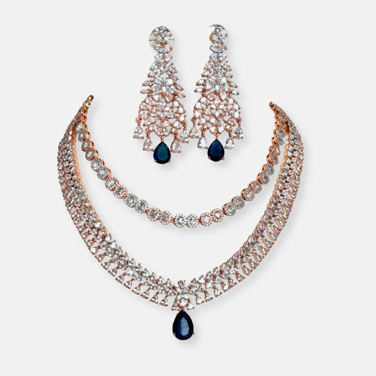 Double Layered Sapphire Rose Gold Plated Cubic Zirconia Necklace Set With Danglers