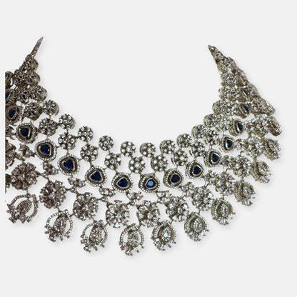 Jewelit Cubic Zirconia Sapphire Choker Necklace Set With Danglers