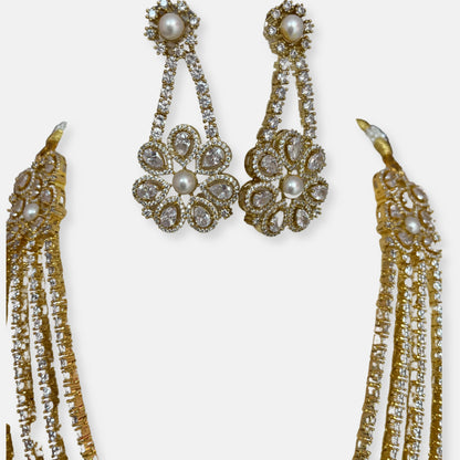 Quadruple Layered Gold Plated Cubic Zirconia Necklace Set With Pearl Detailing Earrings