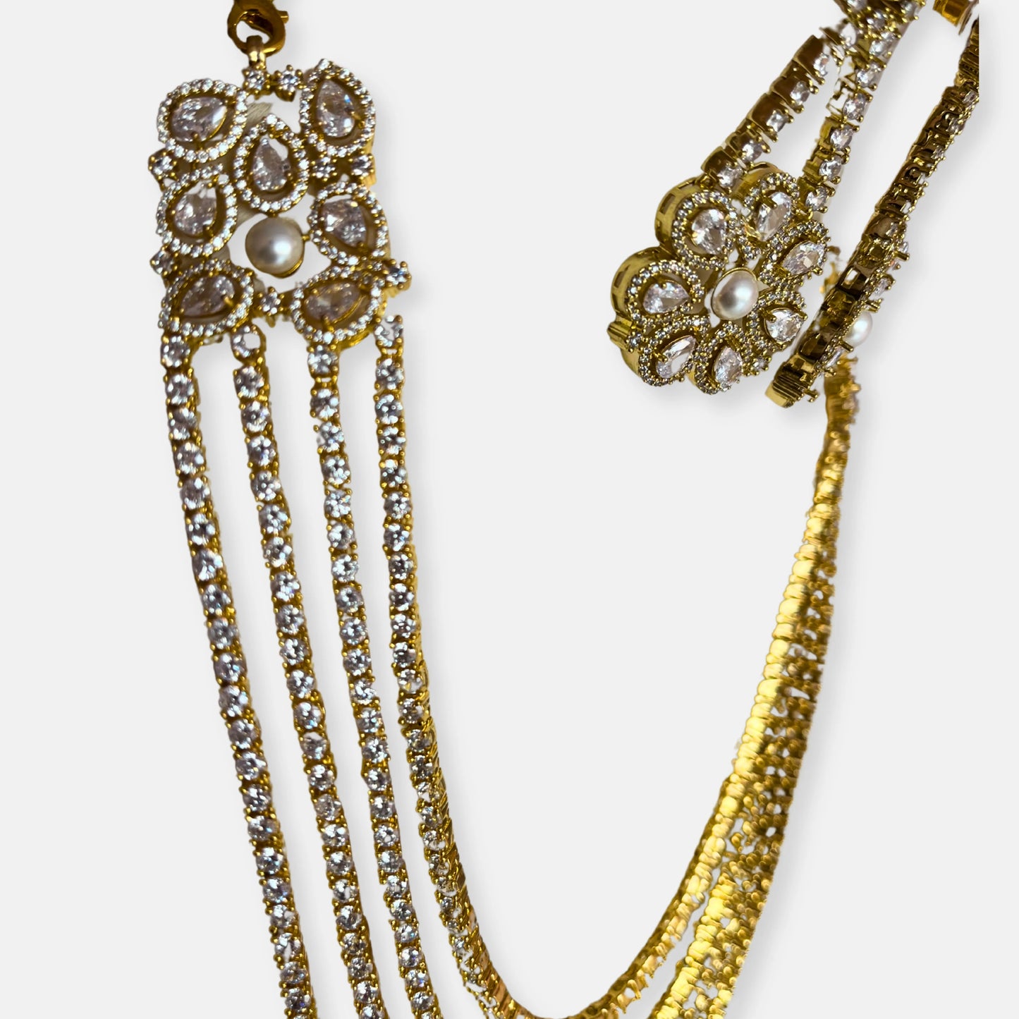 Quadruple Layered Gold Plated Cubic Zirconia Necklace Set With Pearl Detailing Earrings