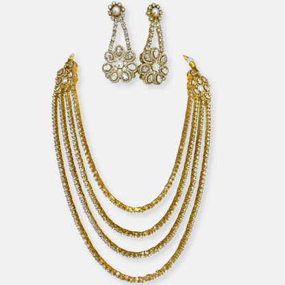 Quadruple Layered Gold Plated Cubic Zirconia Necklace Set With Pearl Detailing Earrings