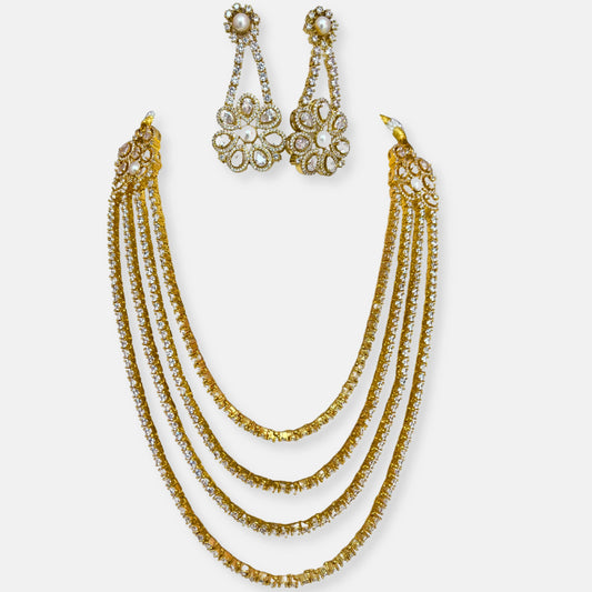 Quadruple Layered Gold Plated Cubic Zirconia Necklace Set With Pearl Detailing Earrings