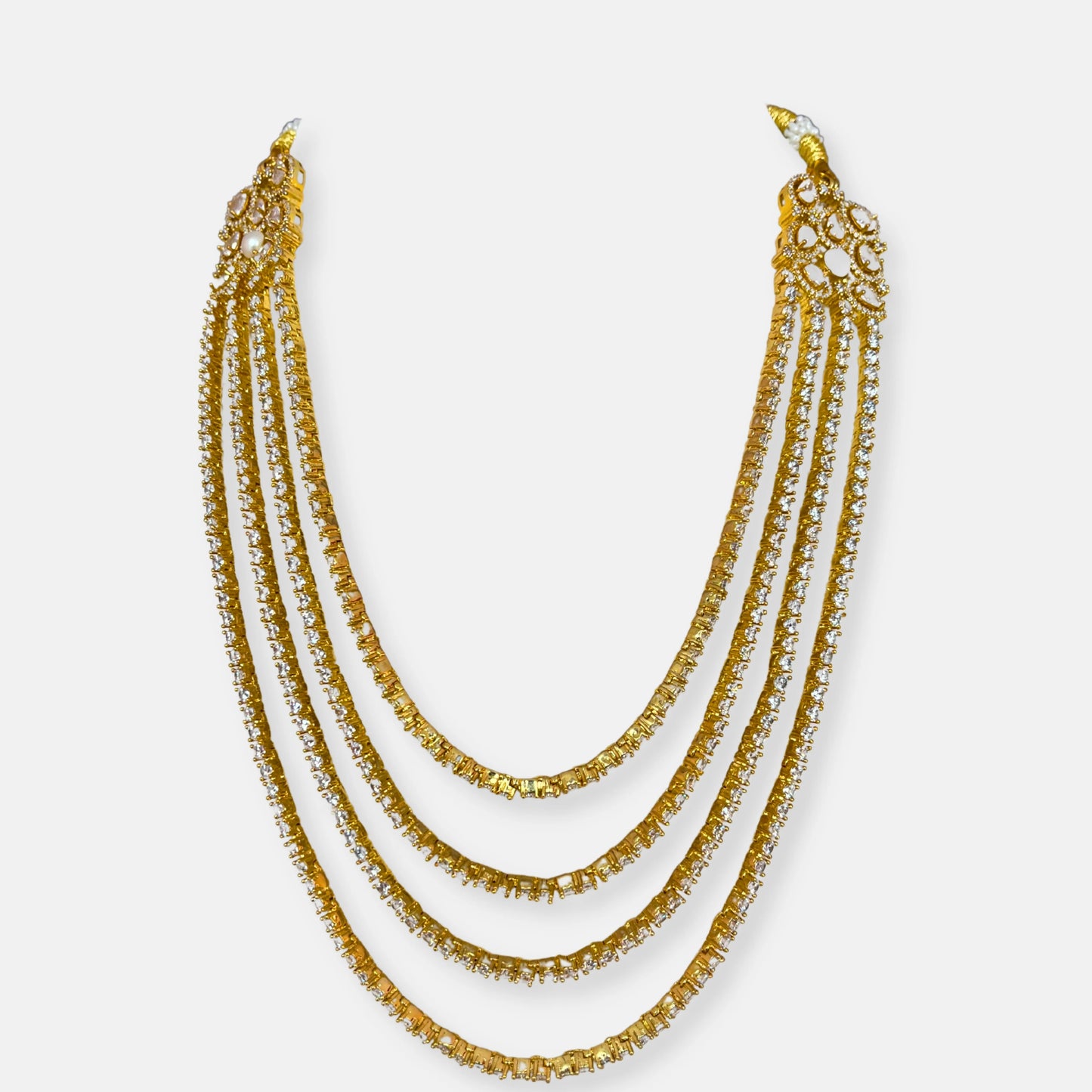 Quadruple Layered Gold Plated Cubic Zirconia Necklace Set With Pearl Detailing Earrings