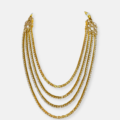 Quadruple Layered Gold Plated Cubic Zirconia Necklace Set With Pearl Detailing Earrings
