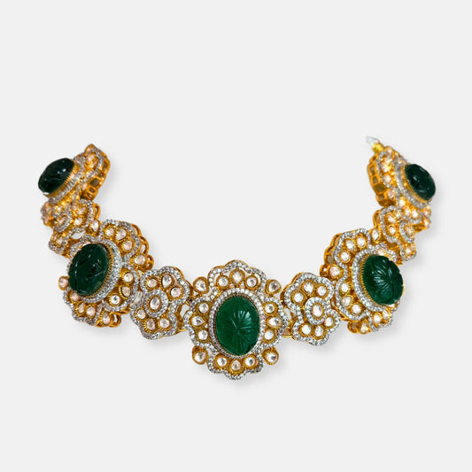 Tyaani Kundan Emerald Necklace Set With Stud Earrings